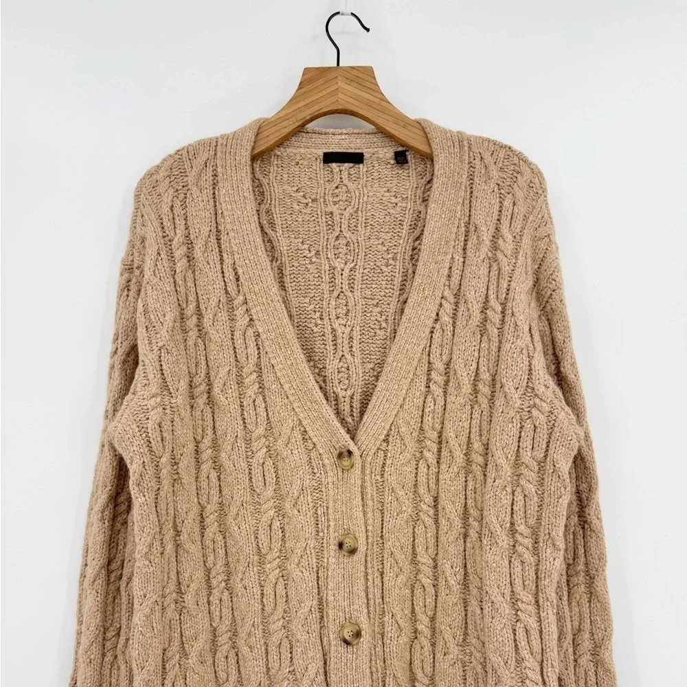 ATM Chunky Cable Knit Melillo Wool & Cotton Blend V-Neck Cardigan Sweater Size M